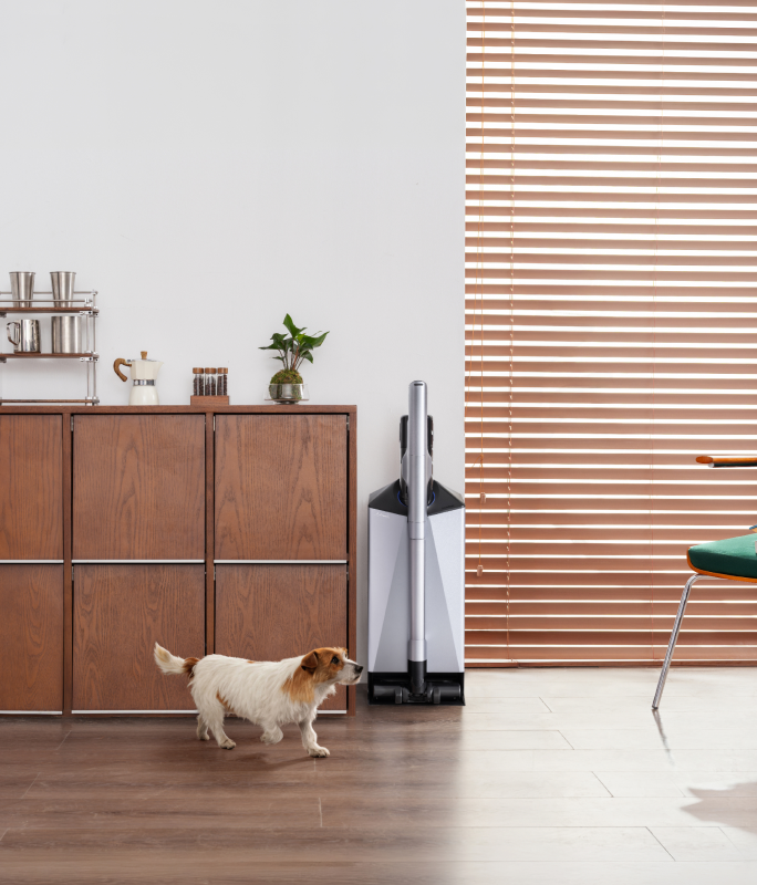 Narwal V50 Cube station beside a wooden cabinet in a sunlit living room with a dog
