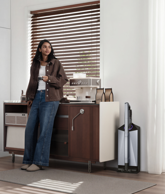 Narwal V50 Cube station beside a coffee bar in a bright living space