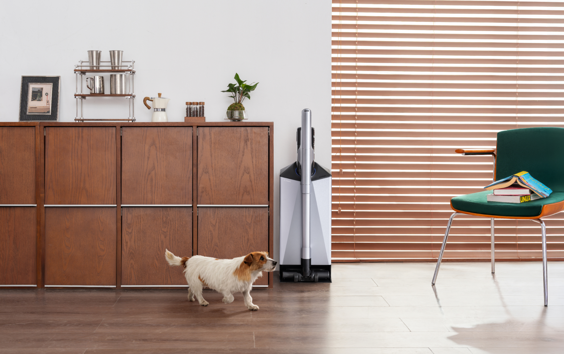 Narwal V50 Cube station beside a wooden cabinet in a sunlit living room with a dog