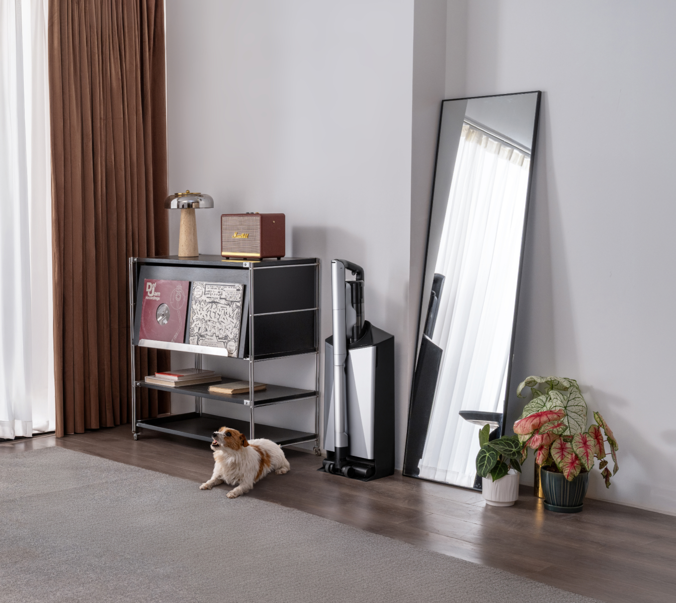 Narwal V50 Cube station beside shelving, a mirror, and a dog