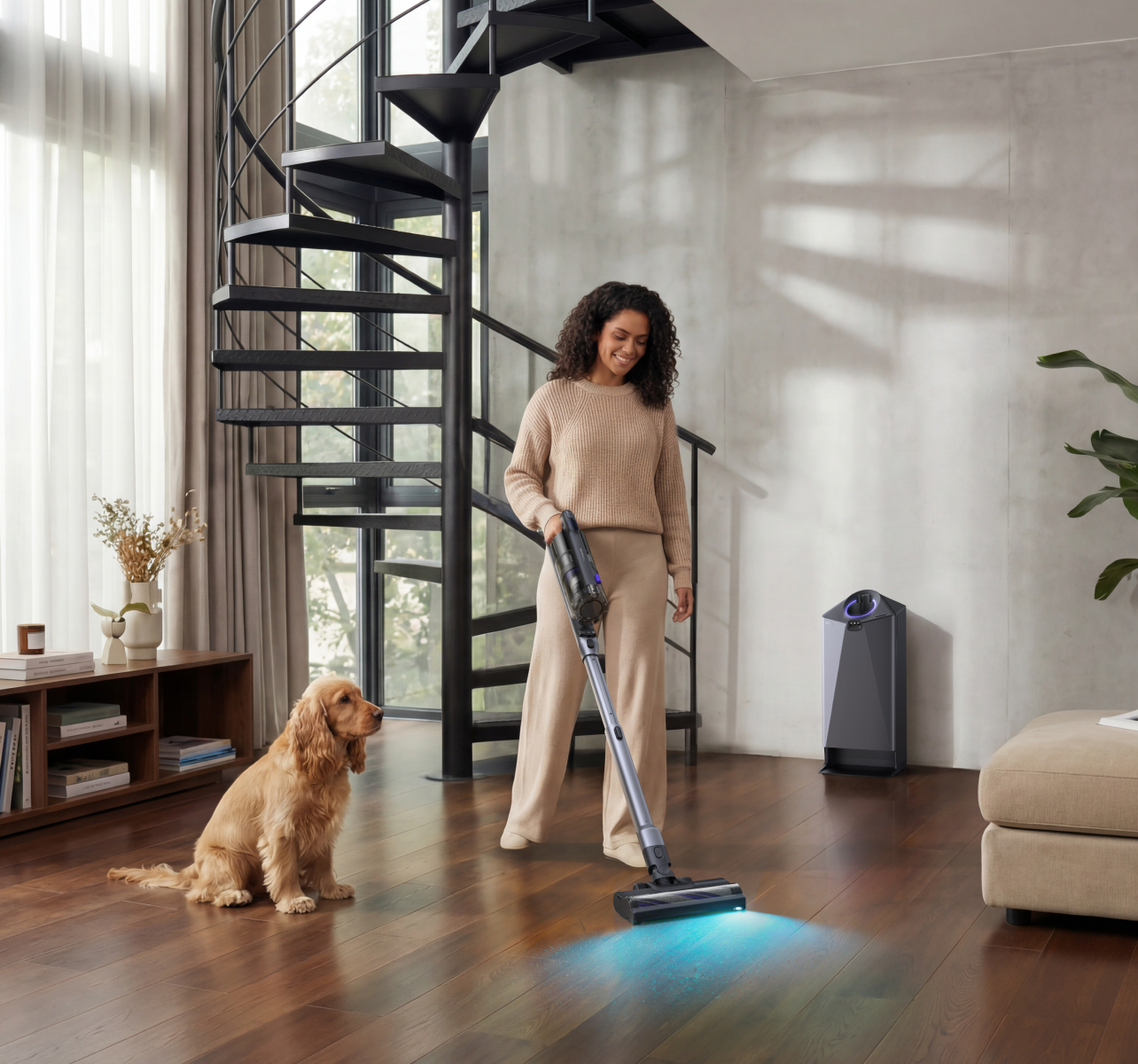 Woman vacuuming a wood floor with the Narwal V50 Cube as a dog sits nearby