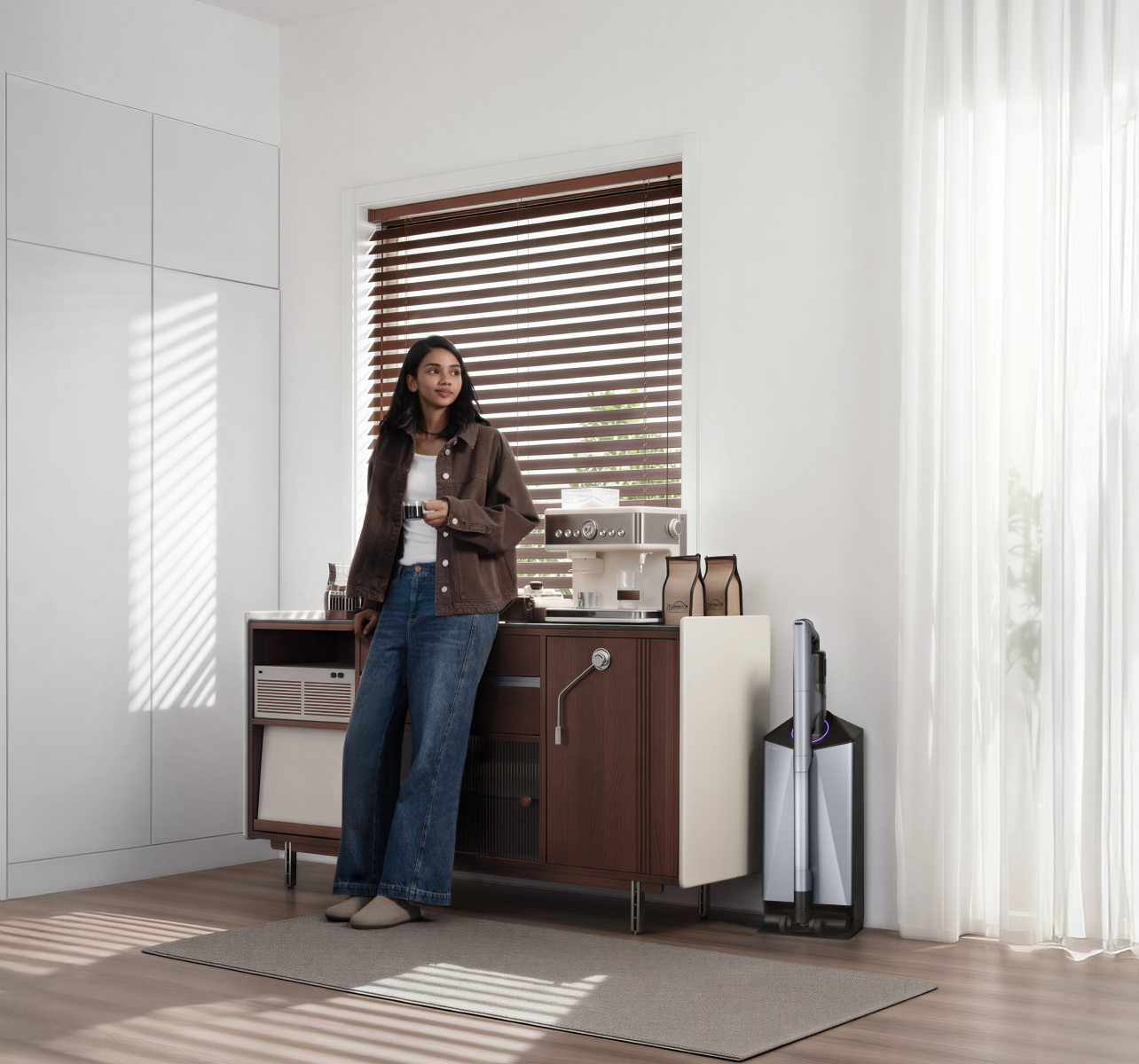 Narwal V50 Cube station beside a coffee bar in a bright living space