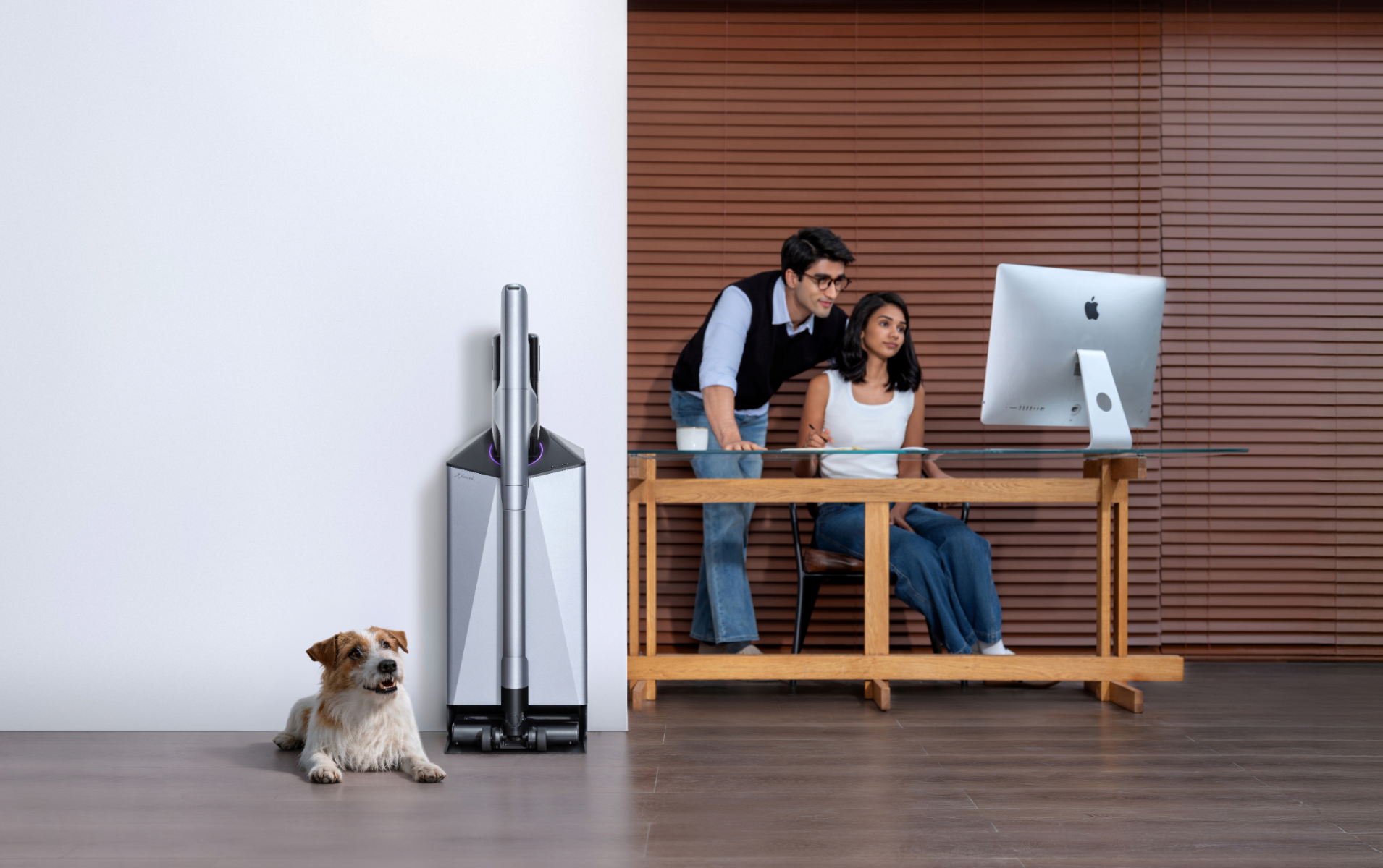 Narwal V50 Cube station beside a dog and a home office